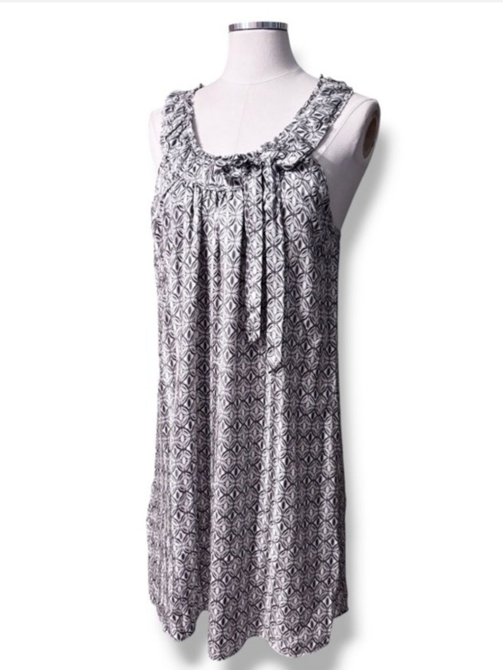 POLECI x ANTHROPOLOGIE Silk Racerback Dress Tie Neckline Grey Geometric Design